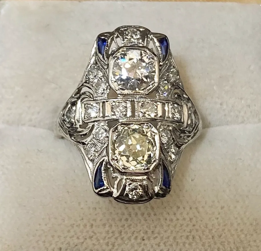 1910's Antique Design Platinum w Old Mine Diamond&Sapphire Ring $60K APR w/CoA}
