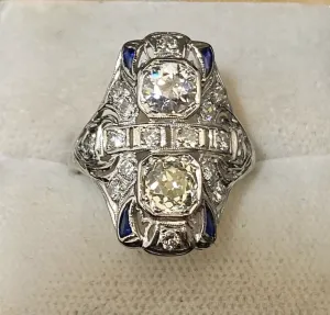 1910's Antique Design Platinum w Old Mine Diamond&Sapphire Ring $60K APR w/CoA}