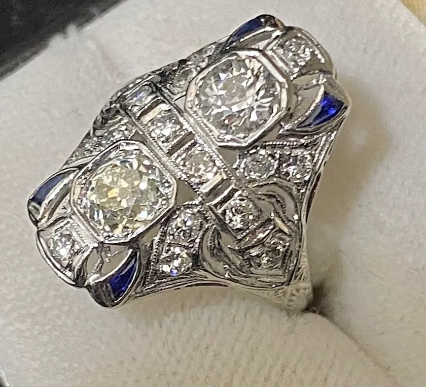 1910's Antique Design Platinum w Old Mine Diamond&Sapphire Ring $60K APR w/CoA}