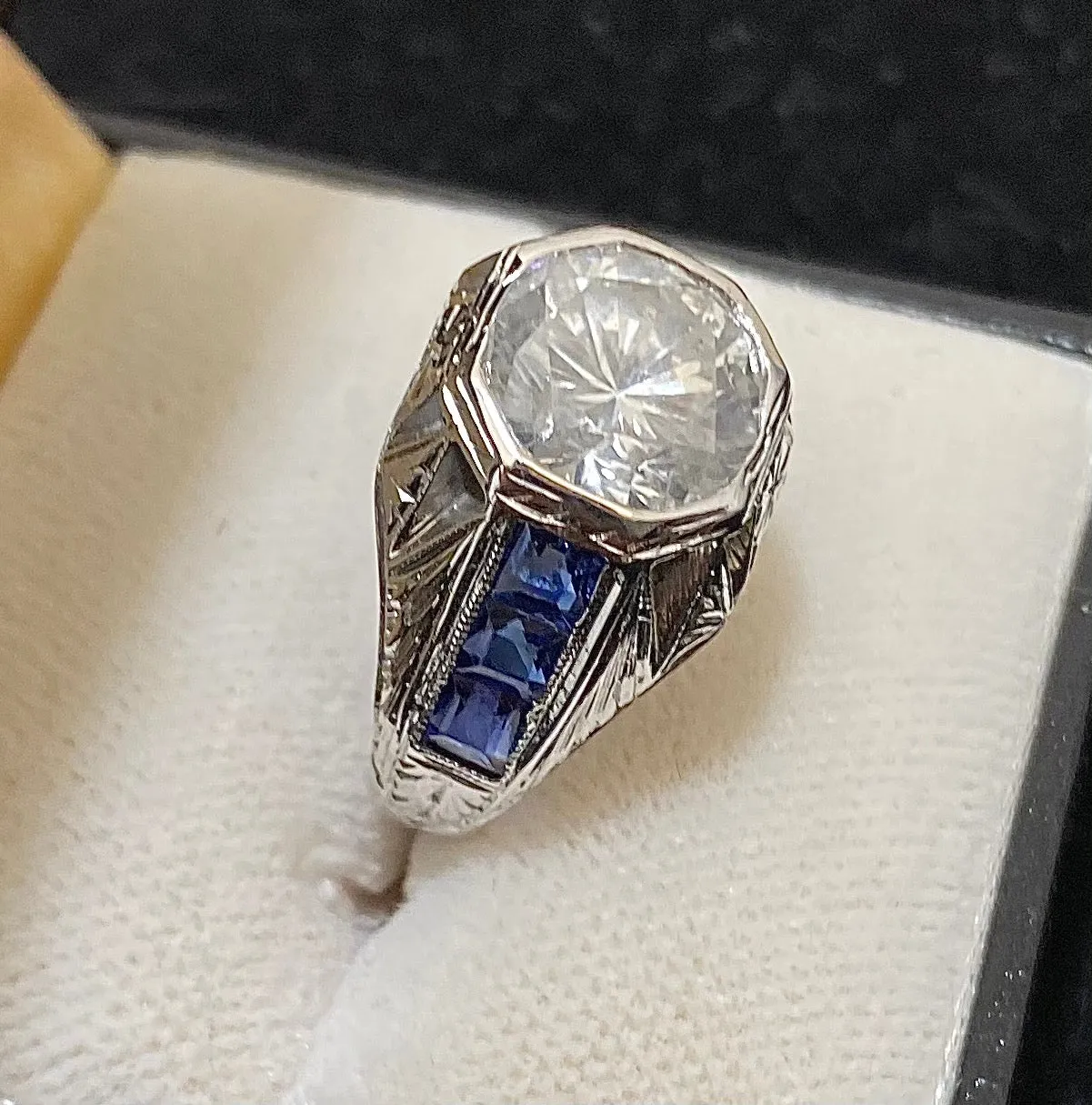 1910's Antique Design Solid White Gold with Diamond and Sapphire Filigree Ring - $60K Appraisal Value w/CoA}