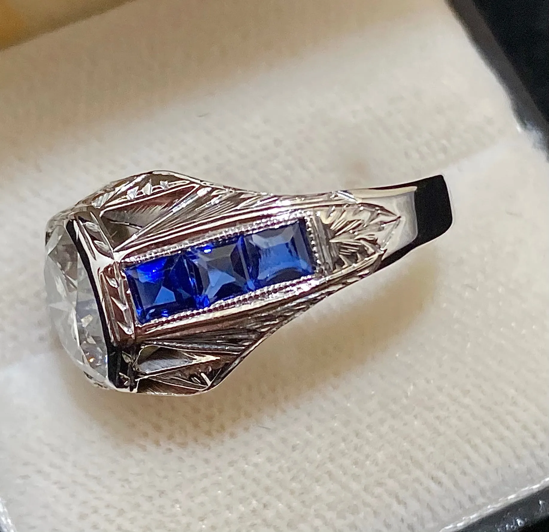 1910's Antique Design Solid White Gold with Diamond and Sapphire Filigree Ring - $60K Appraisal Value w/CoA}