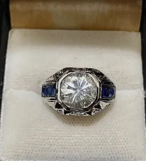 1910's Antique Design Solid White Gold with Diamond and Sapphire Filigree Ring - $60K Appraisal Value w/CoA}
