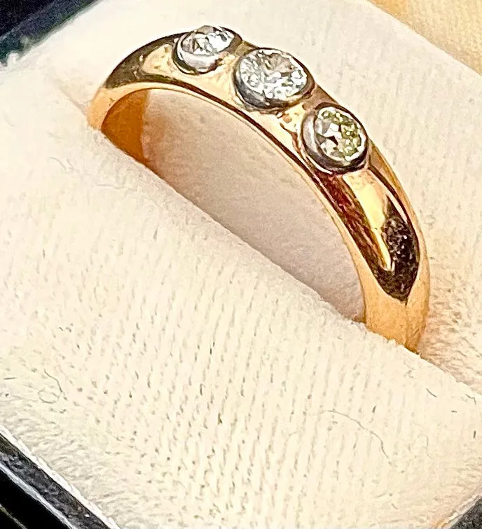 1920's European Solid Rose Gold 3-Old Mine Diamond Unisex Ring - $8K APR Value w/ CoA}