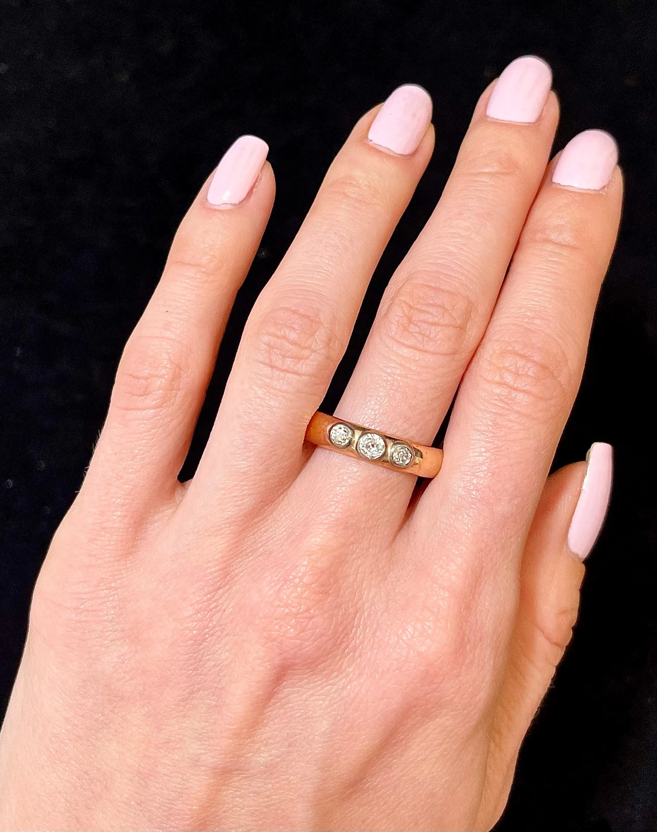 1920's European Solid Rose Gold 3-Old Mine Diamond Unisex Ring - $8K APR Value w/ CoA}