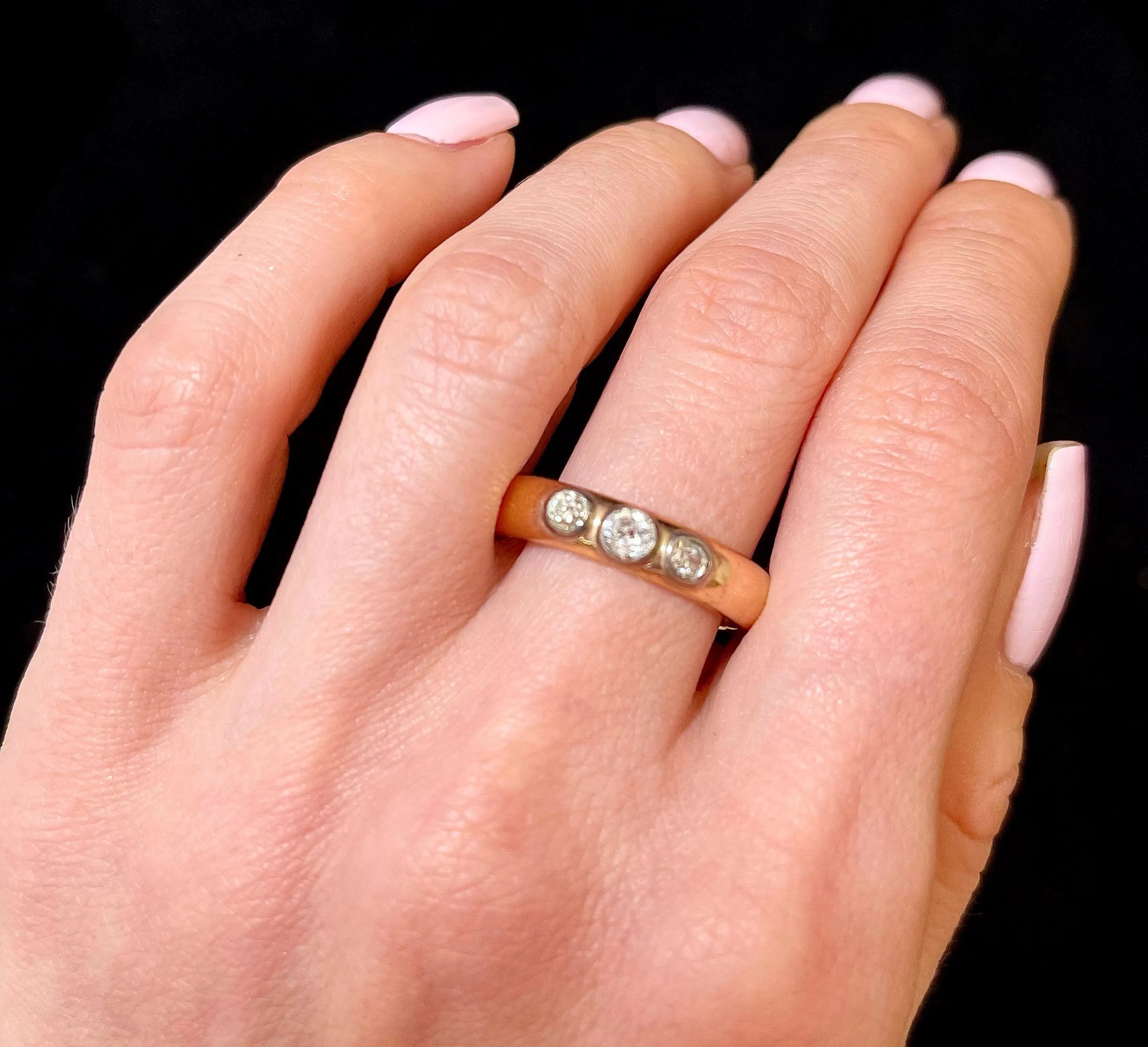 1920's European Solid Rose Gold 3-Old Mine Diamond Unisex Ring - $8K APR Value w/ CoA}