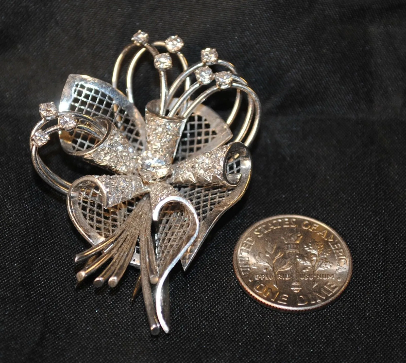 1930s Retro Trumpet Flower Diamond Brooch in Solid 18K White Gold - $25K VALUE}