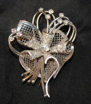 1930s Retro Trumpet Flower Diamond Brooch in Solid 18K White Gold - $25K VALUE}
