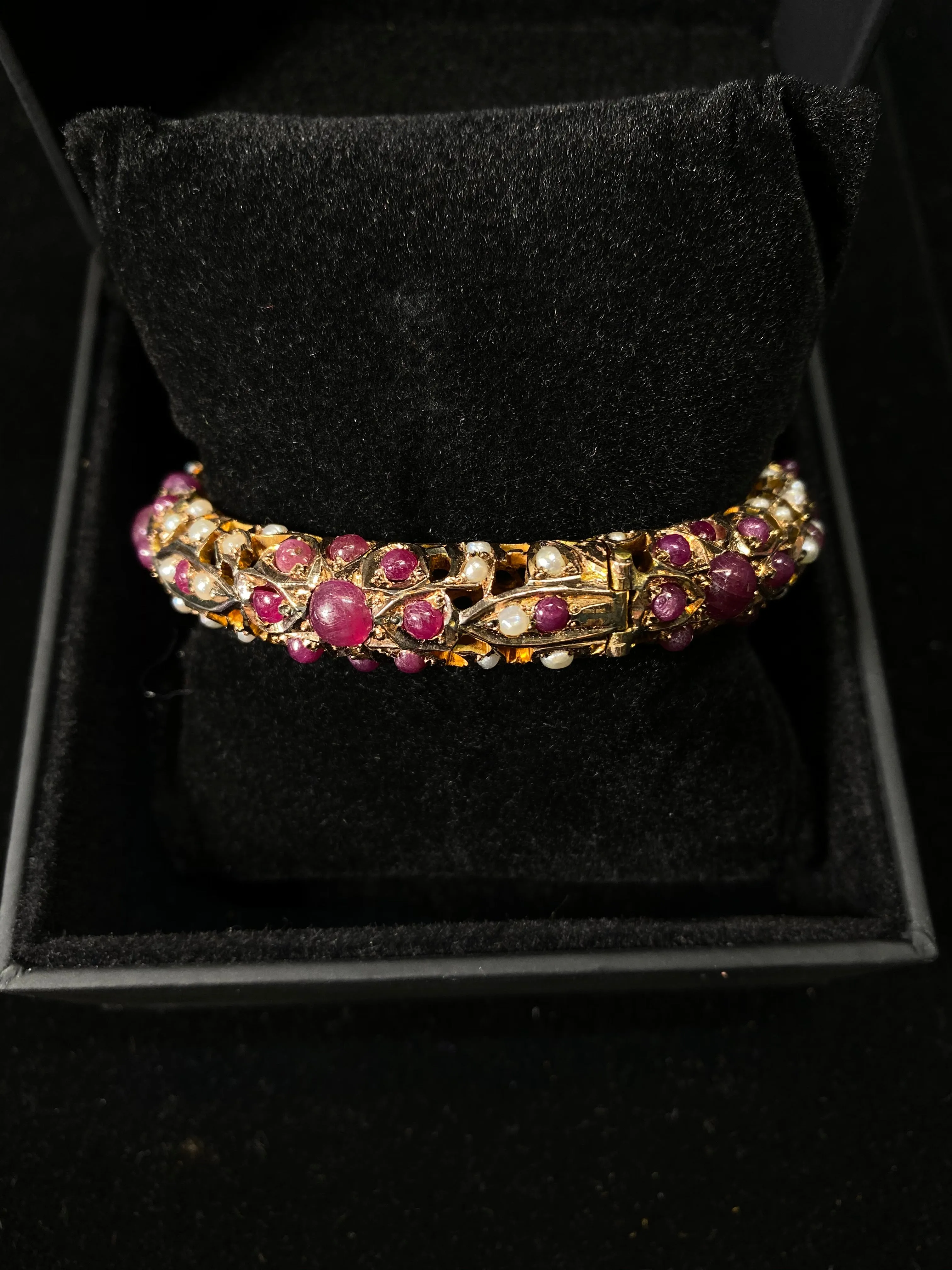 1940's Solid Yellow Gold Bangle Bracelet w/ 67 Pearls & 61 Rubies -$30K Appraisal Value w/ CoA }