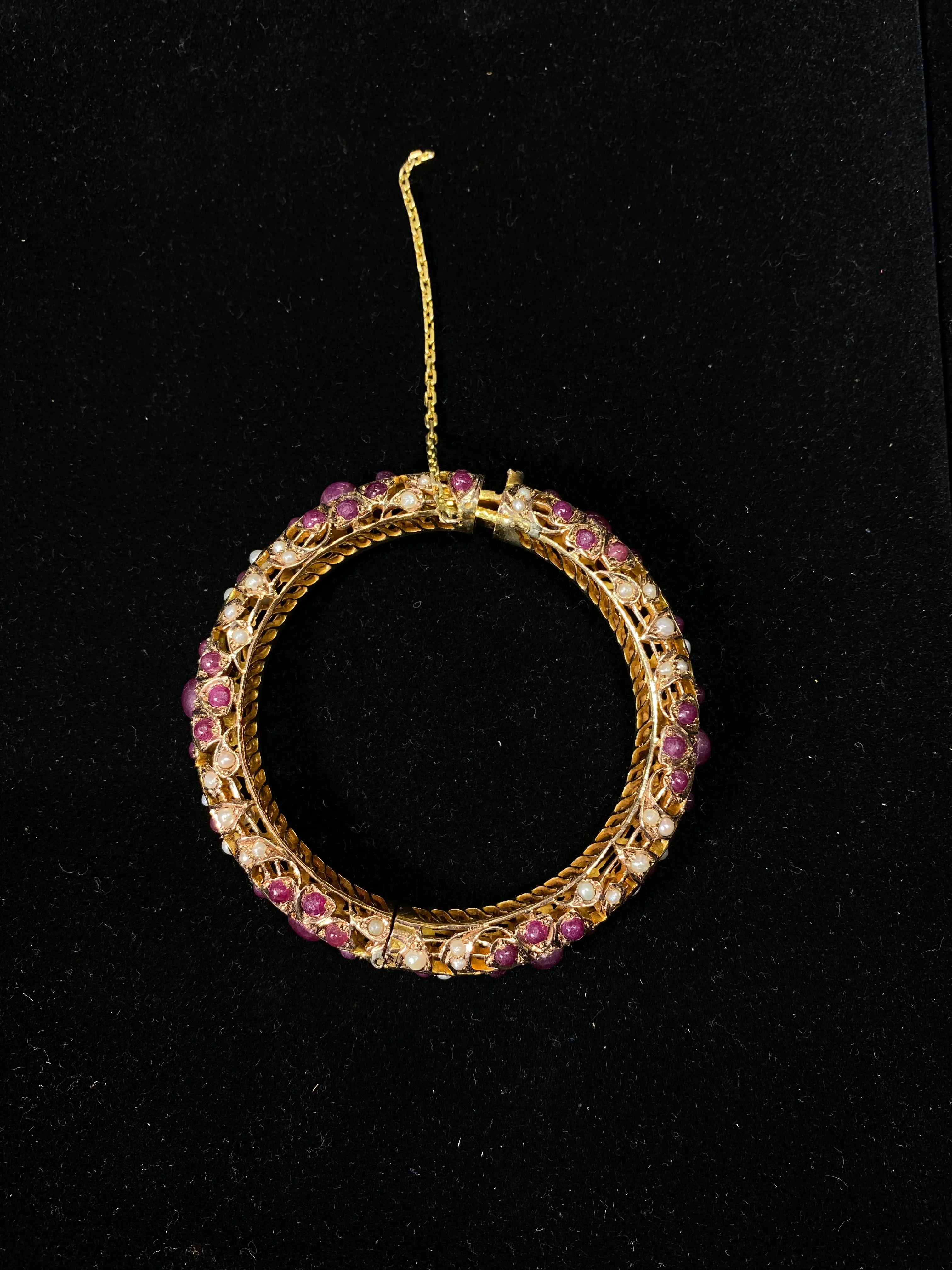 1940's Solid Yellow Gold Bangle Bracelet w/ 67 Pearls & 61 Rubies -$30K Appraisal Value w/ CoA }