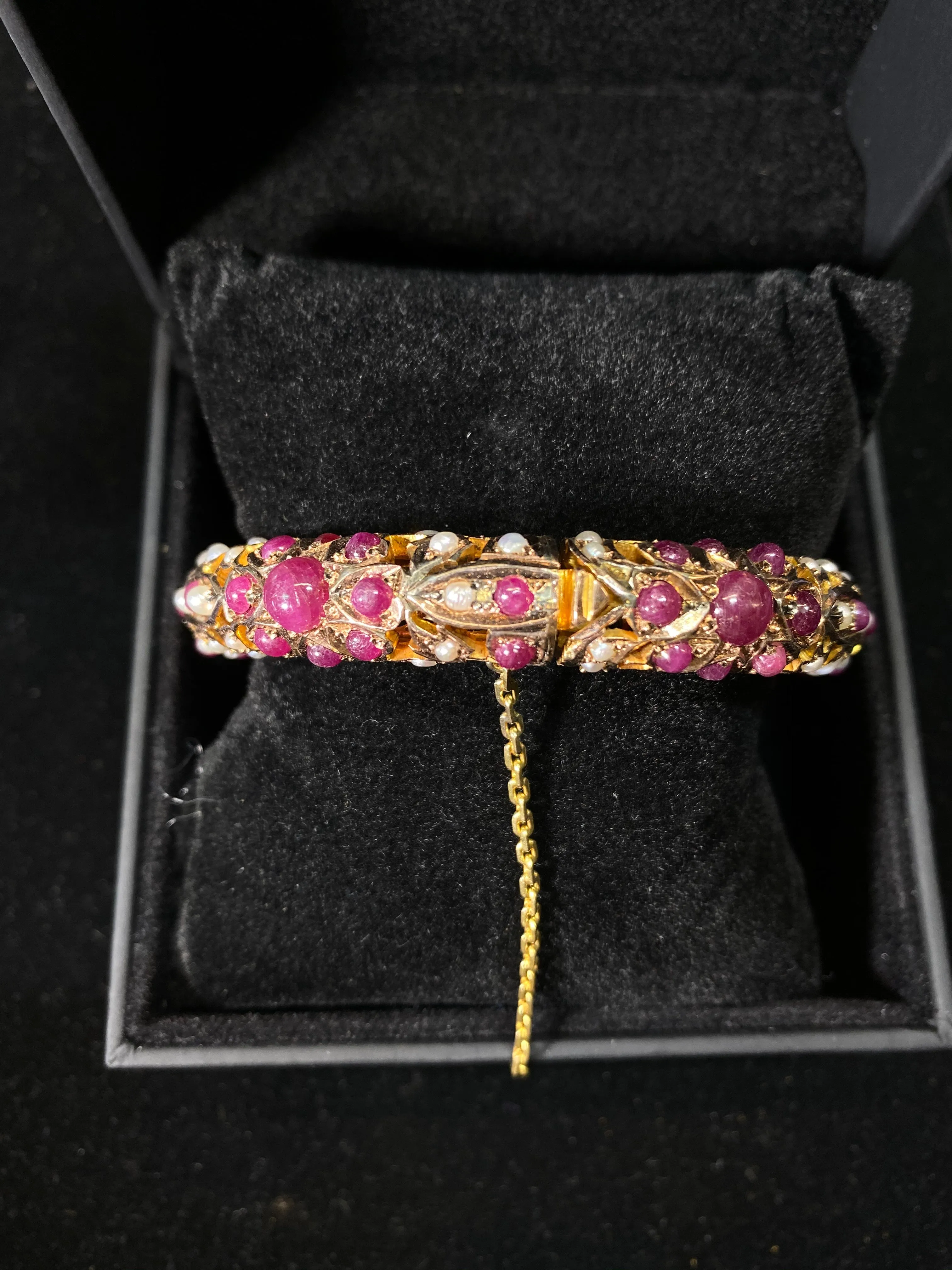 1940's Solid Yellow Gold Bangle Bracelet w/ 67 Pearls & 61 Rubies -$30K Appraisal Value w/ CoA }