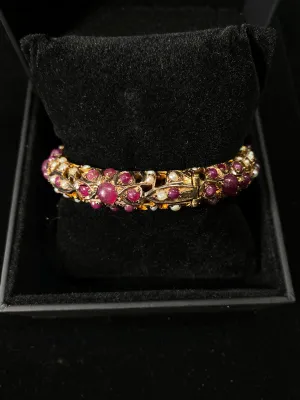 1940's Solid Yellow Gold Bangle Bracelet w/ 67 Pearls & 61 Rubies -$30K Appraisal Value w/ CoA }