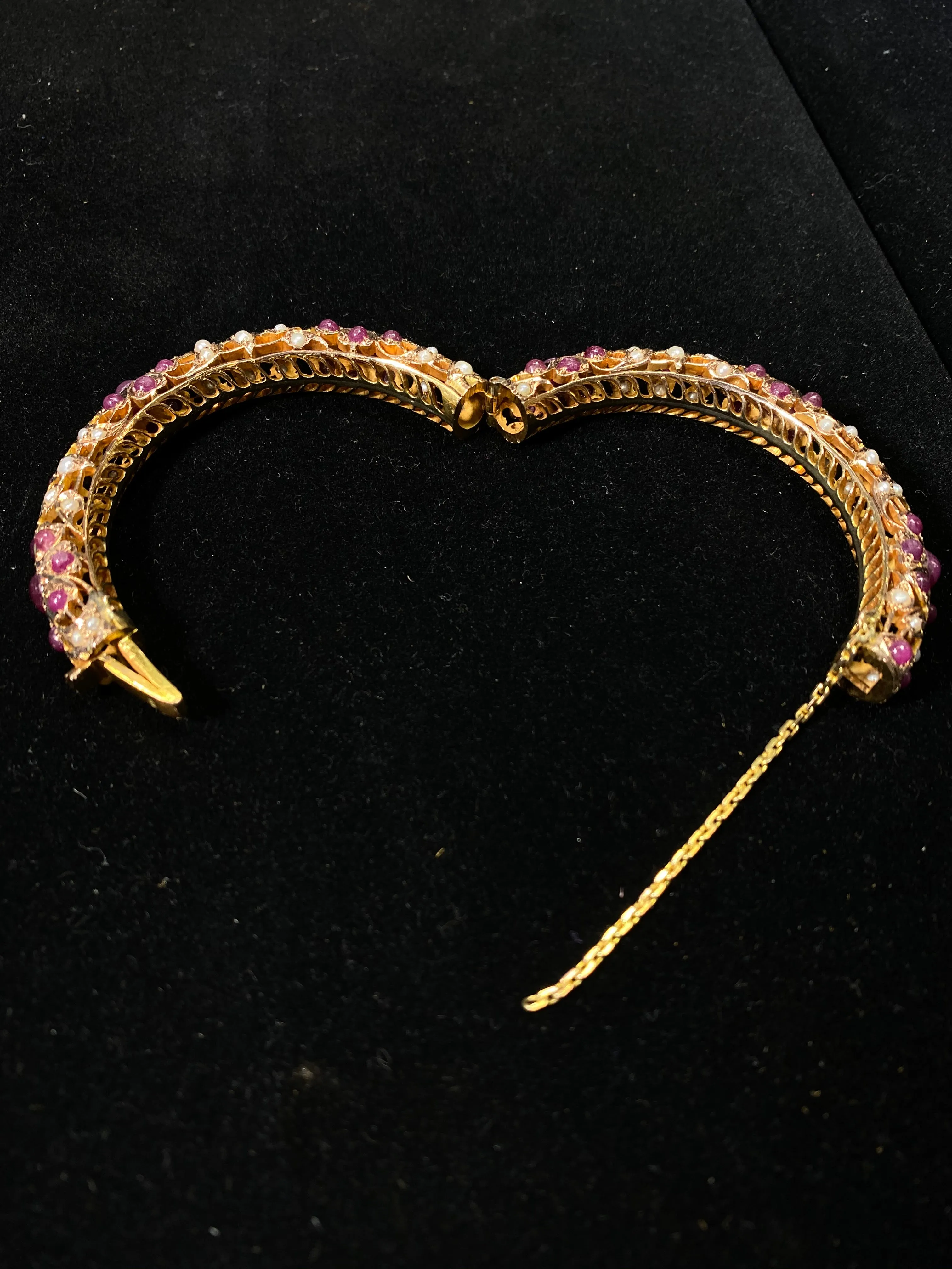 1940's Solid Yellow Gold Bangle Bracelet w/ 67 Pearls & 61 Rubies -$30K Appraisal Value w/ CoA }