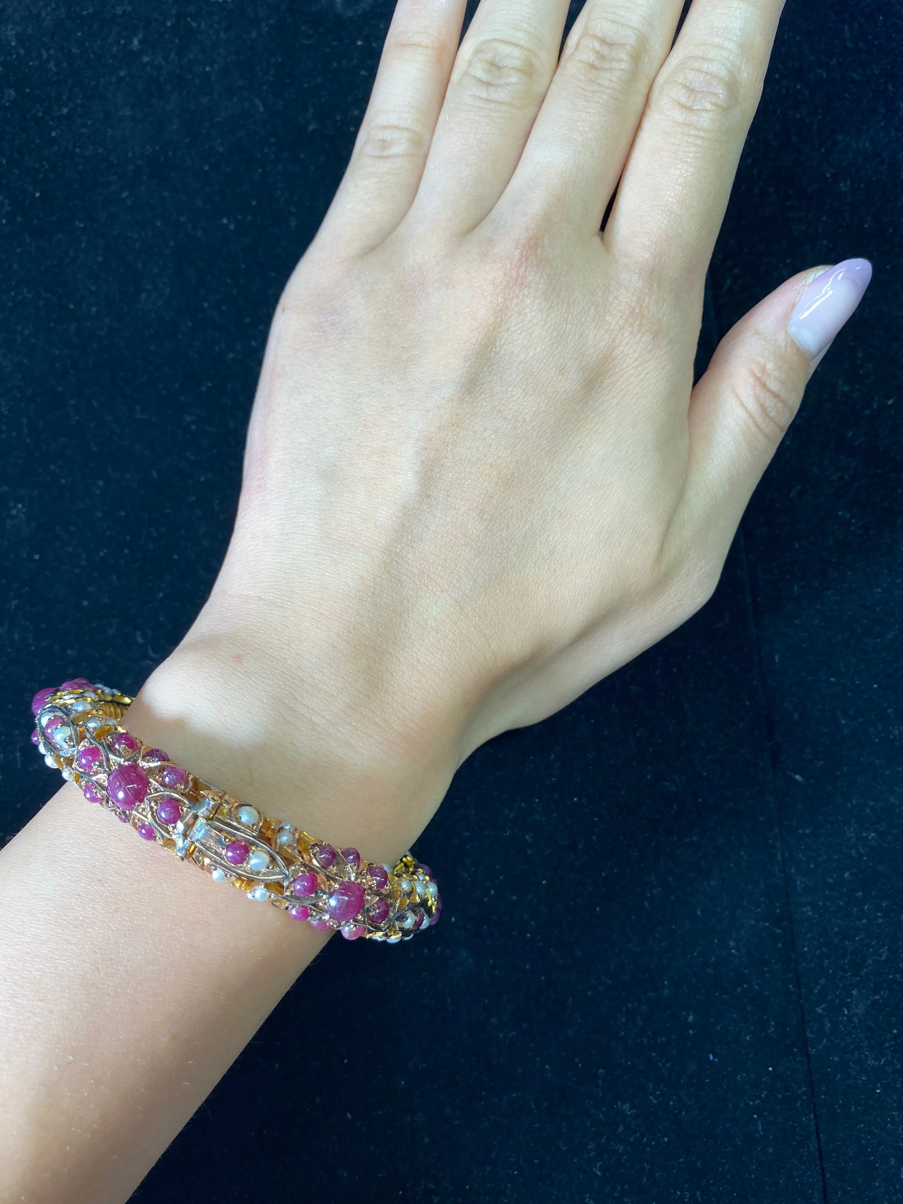 1940's Solid Yellow Gold Bangle Bracelet w/ 67 Pearls & 61 Rubies -$30K Appraisal Value w/ CoA }