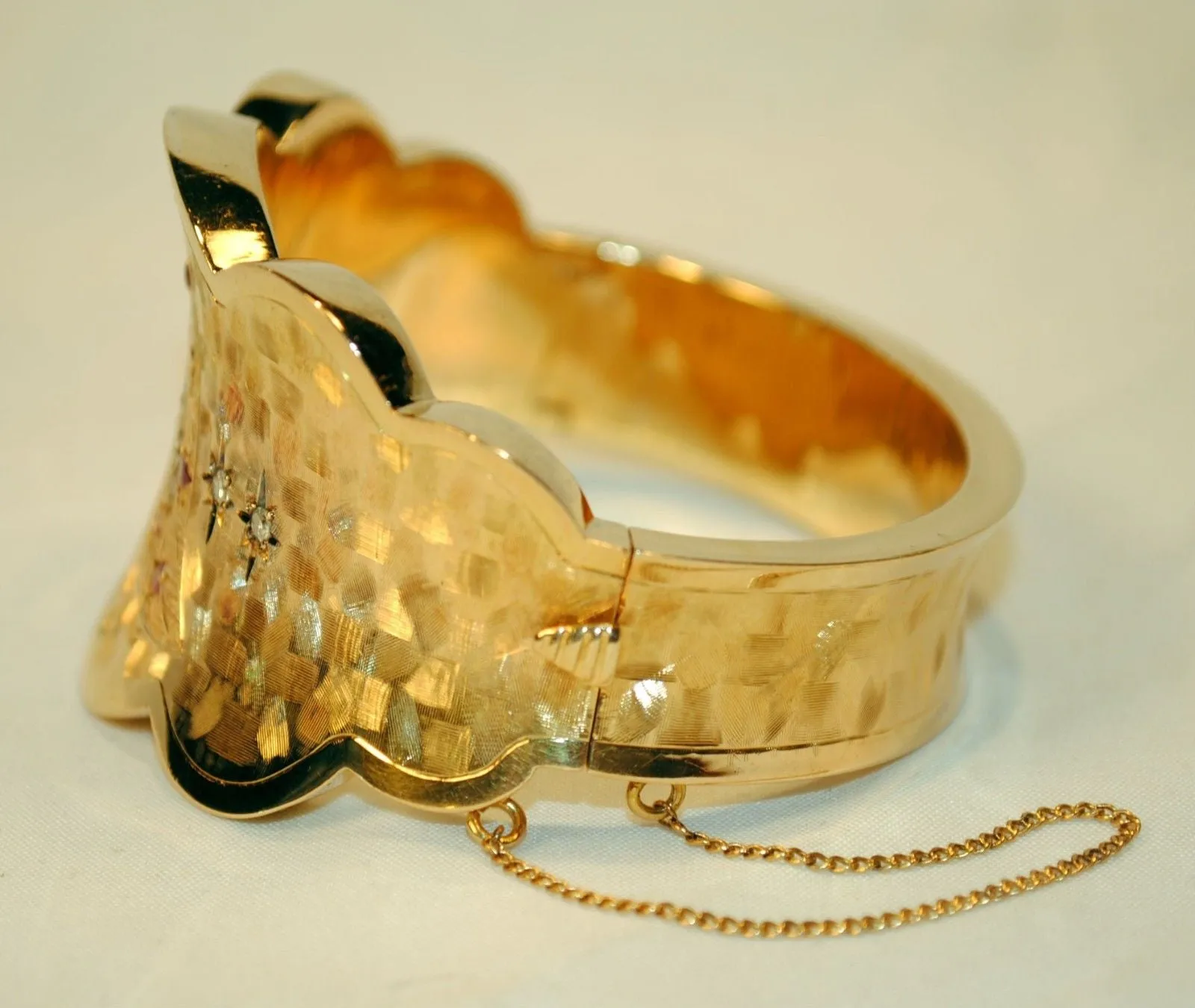 1940's Vintage Diamond & Ruby Hinged Bangle Bracelet in 18K Yellow Gold with Brushstroke Finish - $40K VALUE