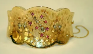 1940's Vintage Diamond & Ruby Hinged Bangle Bracelet in 18K Yellow Gold with Brushstroke Finish - $40K VALUE