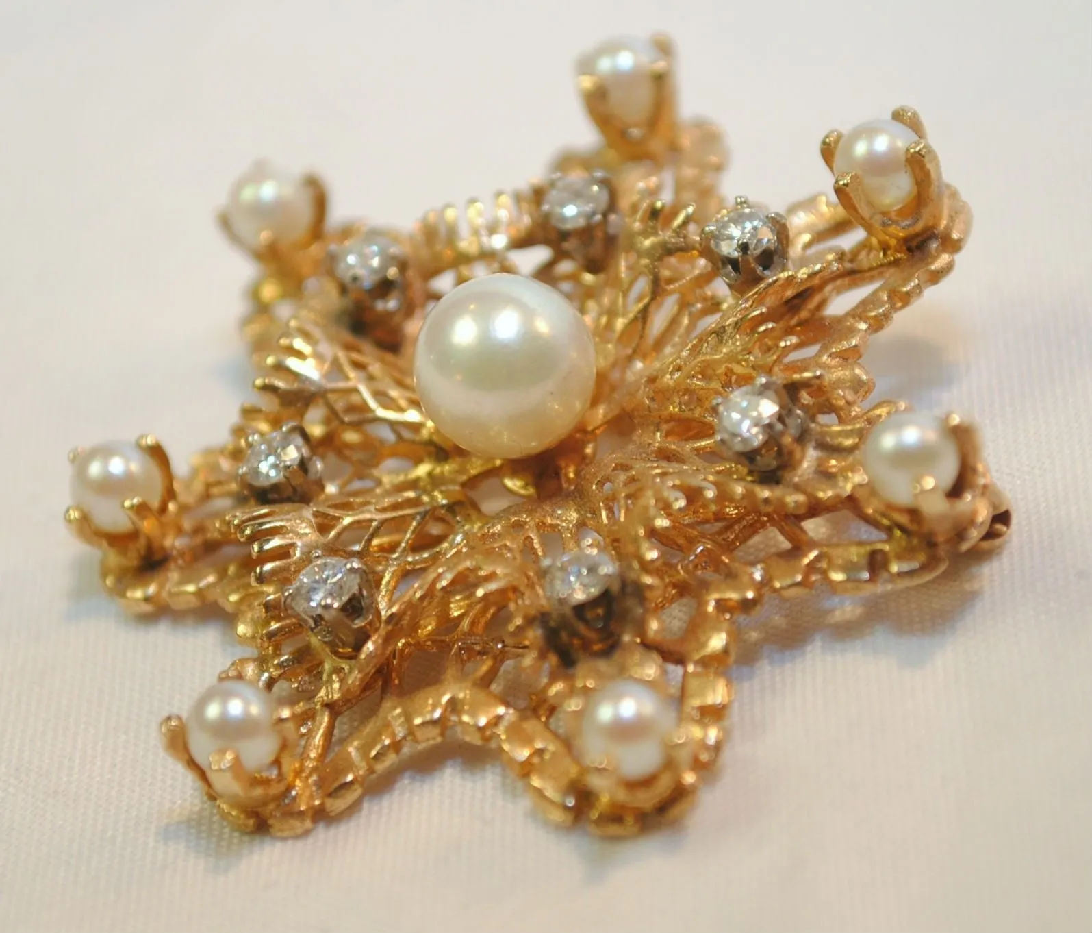 1950s Pearl and Diamond Star Brooch in 14K Yellow Gold - $8K VALUE