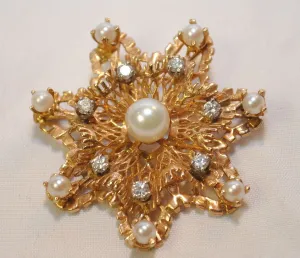 1950s Pearl and Diamond Star Brooch in 14K Yellow Gold - $8K VALUE