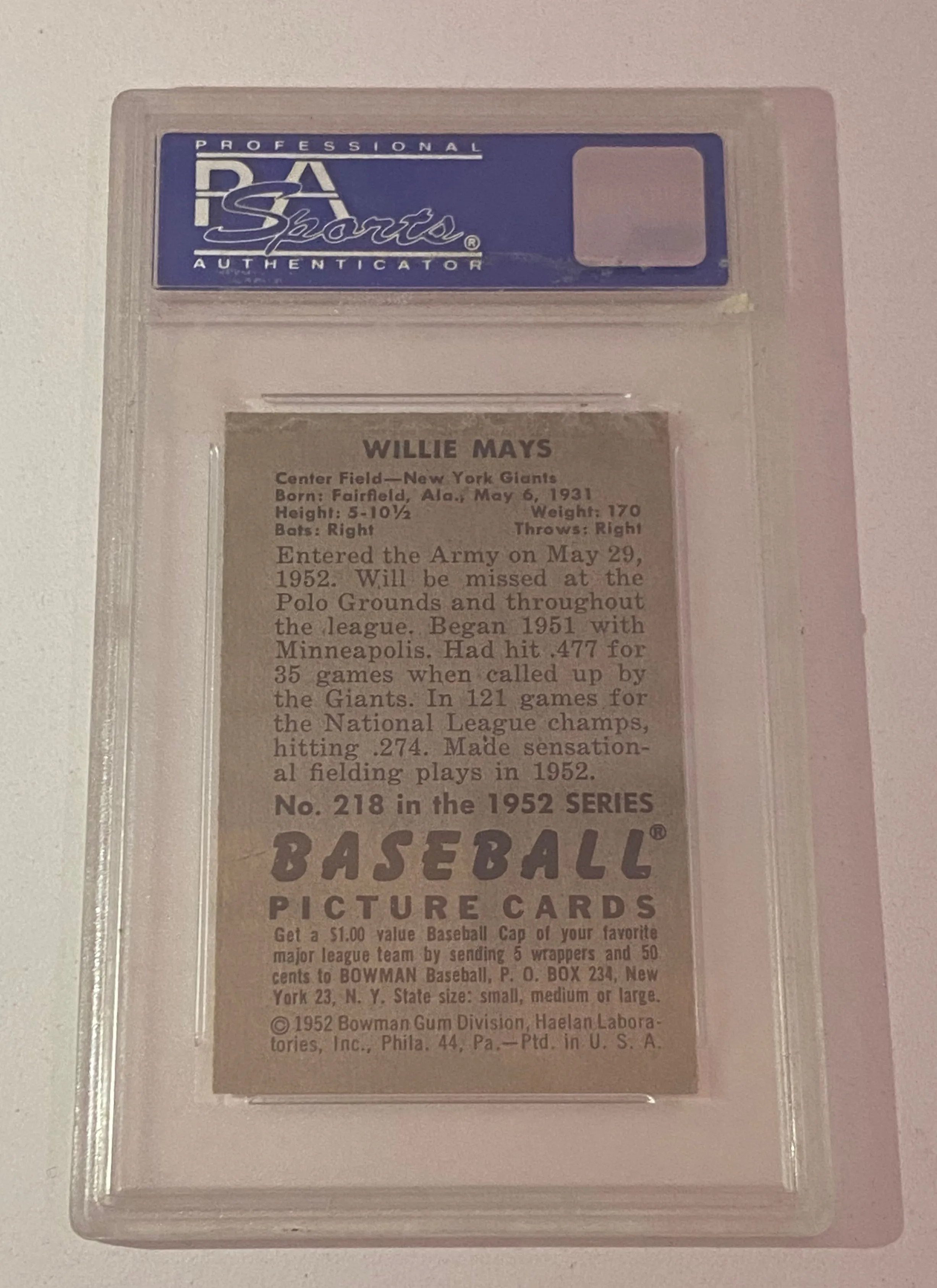 1952 Bowman Willie Mays PSA 7 (OC) NM #218 Trading Card - 10K APR Value w/ CoA!