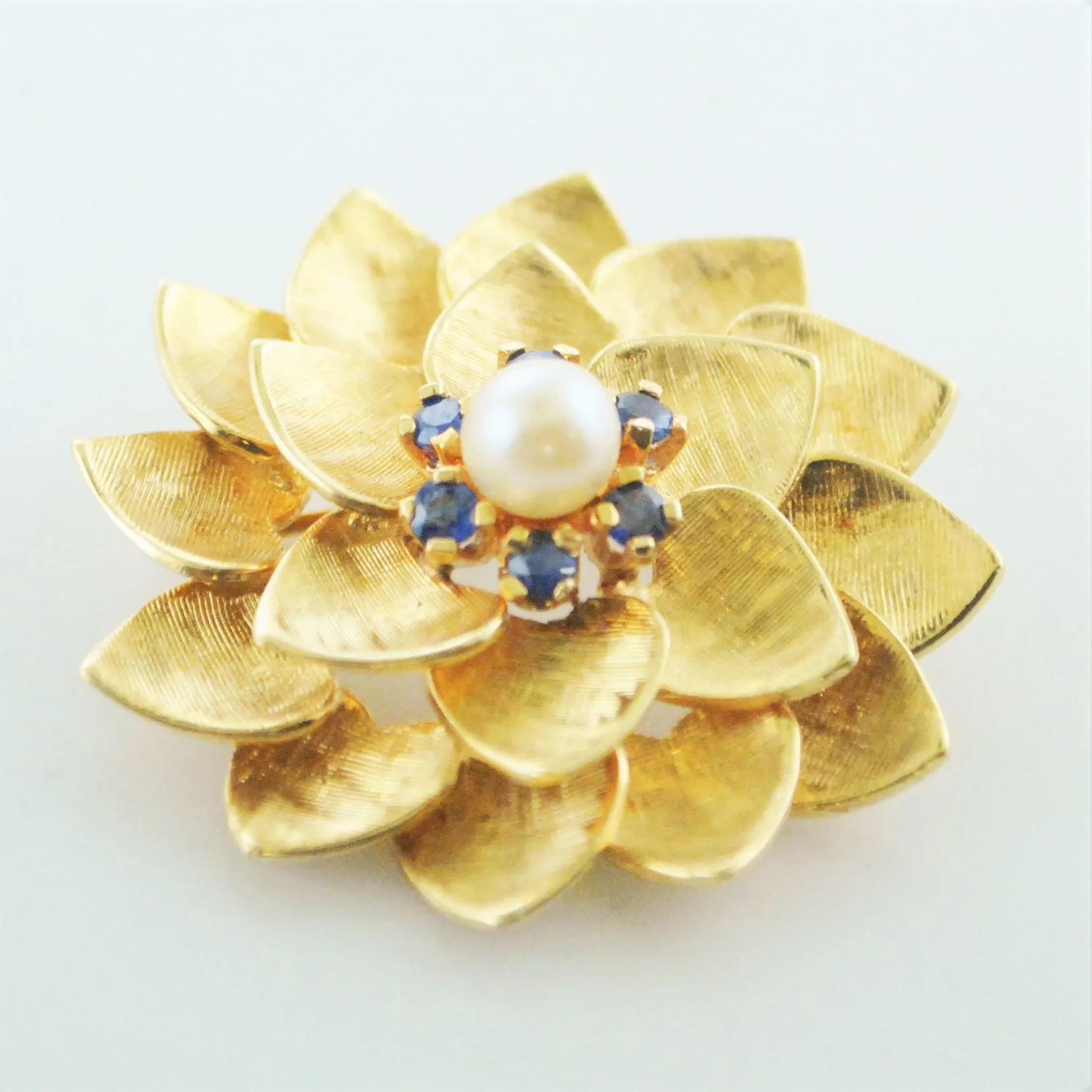 1960's Vintage ALA Flower Brooch Tiffany's Style Yellow Gold Pearl and Sapphire Pin - $8K VALUE