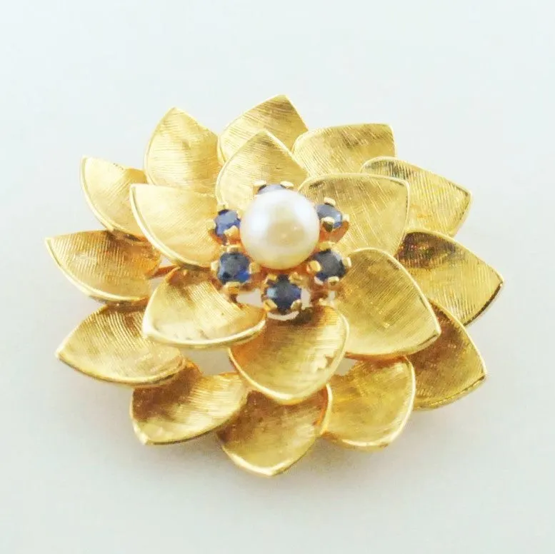 1960's Vintage ALA Flower Brooch Tiffany's Style Yellow Gold Pearl and Sapphire Pin - $8K VALUE