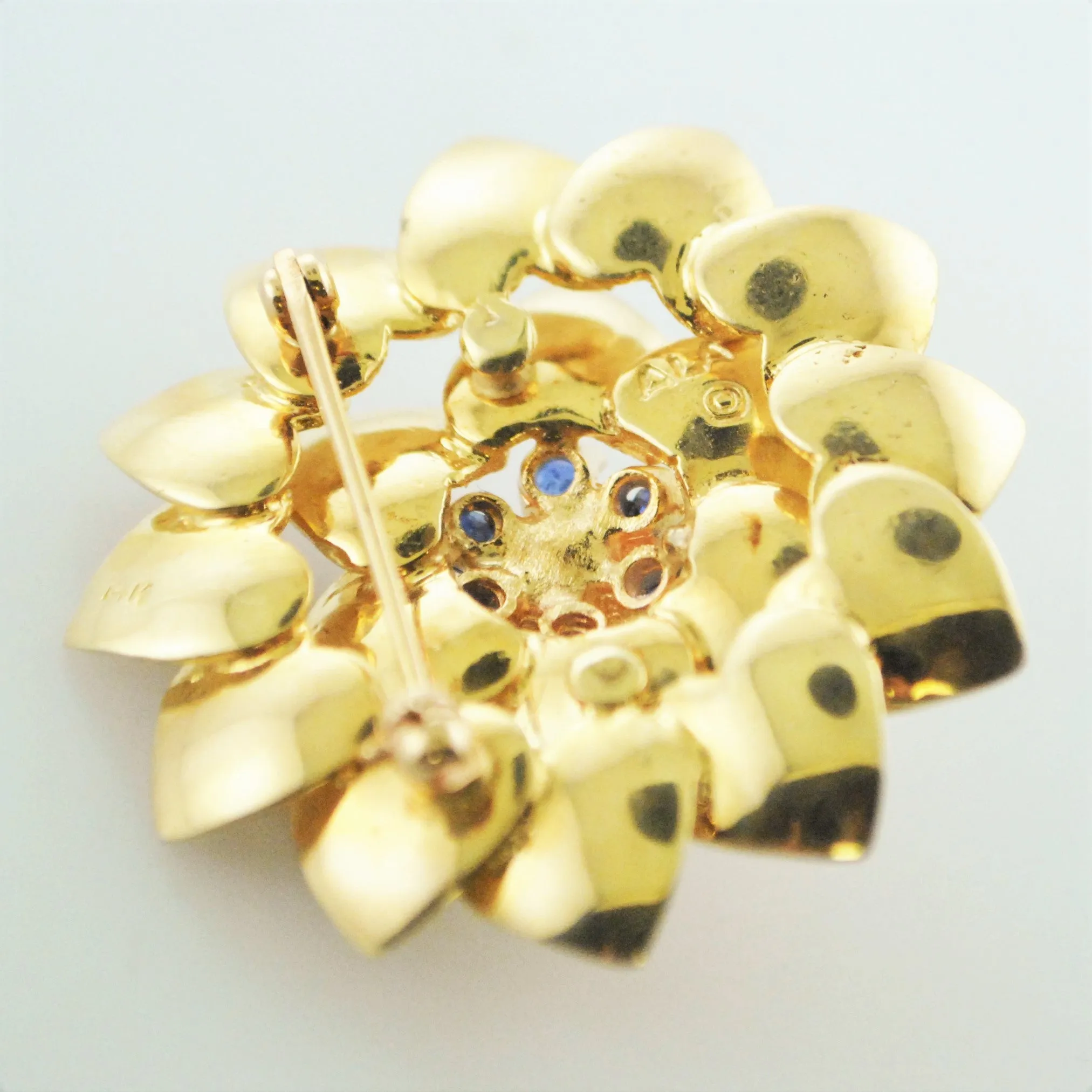 1960's Vintage ALA Flower Brooch Tiffany's Style Yellow Gold Pearl and Sapphire Pin - $8K VALUE