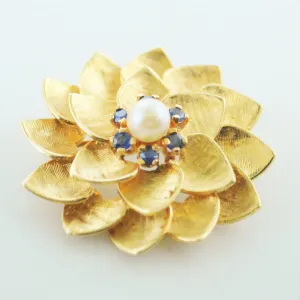 1960's Vintage ALA Flower Brooch Tiffany's Style Yellow Gold Pearl and Sapphire Pin - $8K VALUE