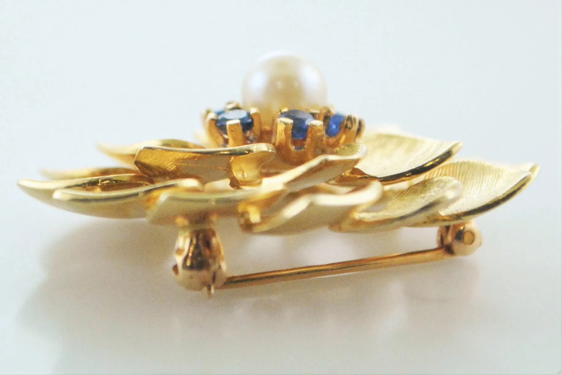1960's Vintage ALA Flower Brooch Tiffany's Style Yellow Gold Pearl and Sapphire Pin - $8K VALUE