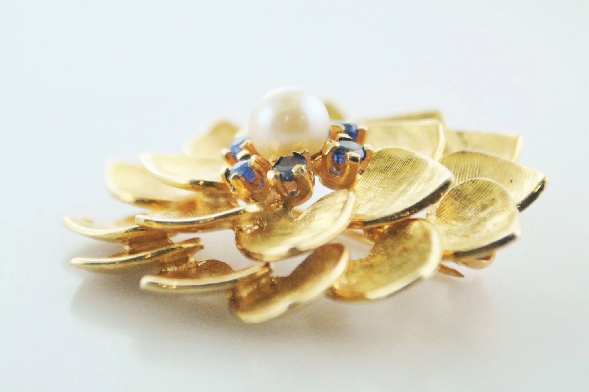 1960's Vintage ALA Flower Brooch Tiffany's Style Yellow Gold Pearl and Sapphire Pin - $8K VALUE
