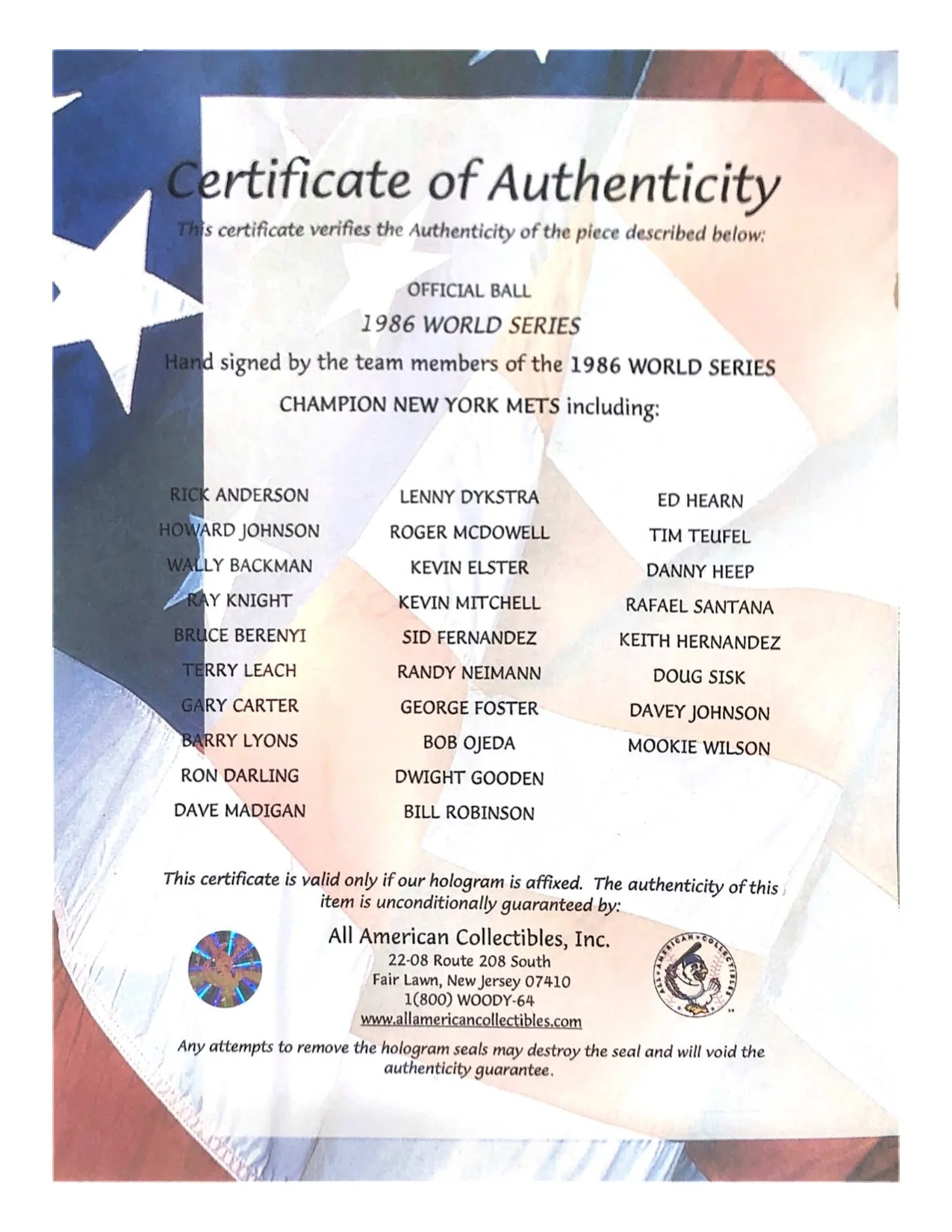 1986 World Series Baseball Signed by New York Mets Team - $5K APR Value w/ CoA!