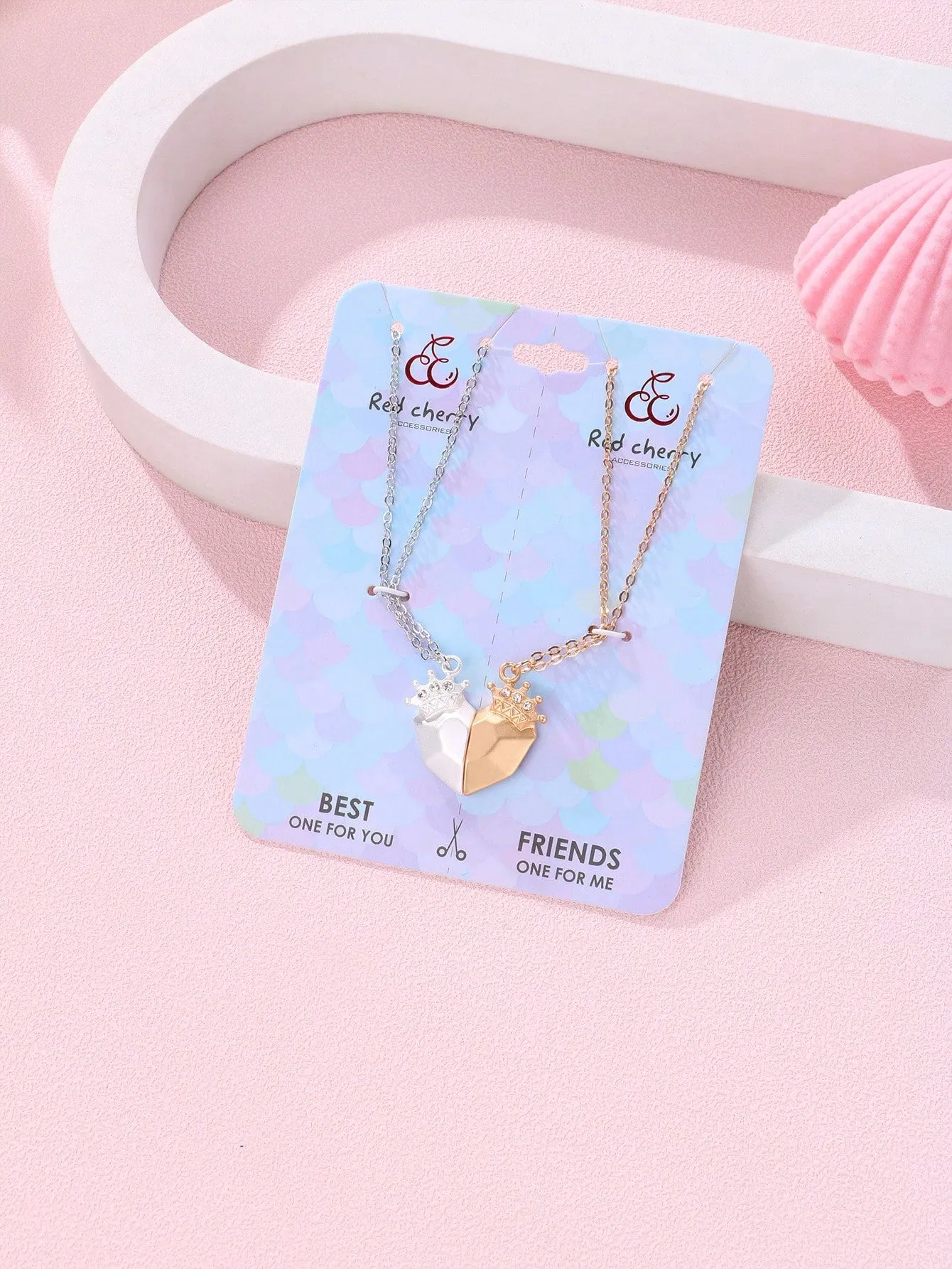 2pcs Classic Zinc Alloy Crown & Heart Shaped & Rhinestone Pendant Necklace Set,
