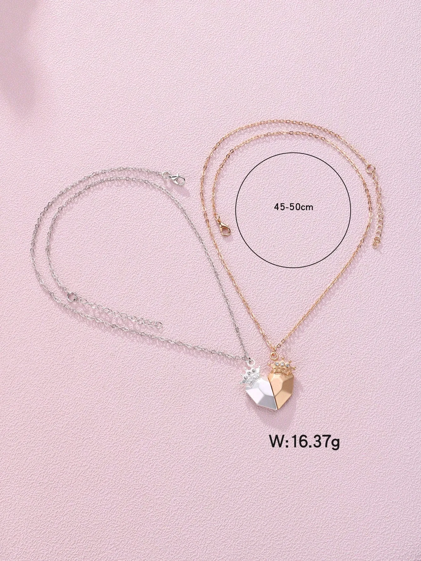 2pcs Classic Zinc Alloy Crown & Heart Shaped & Rhinestone Pendant Necklace Set,