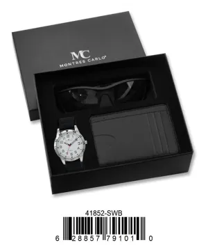41852-Silver/White/Black Silicone Band Watch, Card Clip, Polarized Sunglass in G-2028 Gift Box