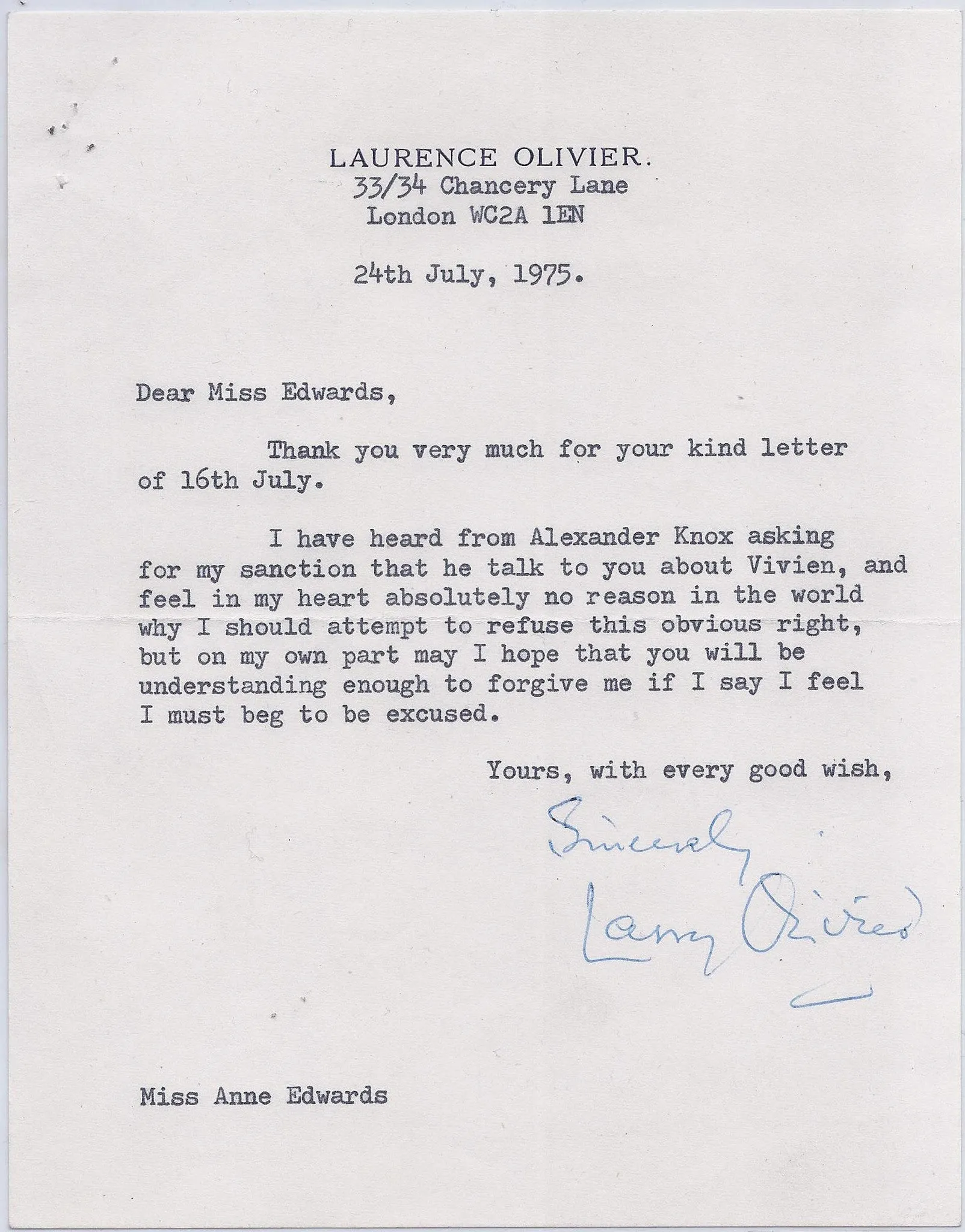 Actor Laurence Olivier Signed Letter to Vivien Leigh Biographer Anne Edwards - $10K VALUE