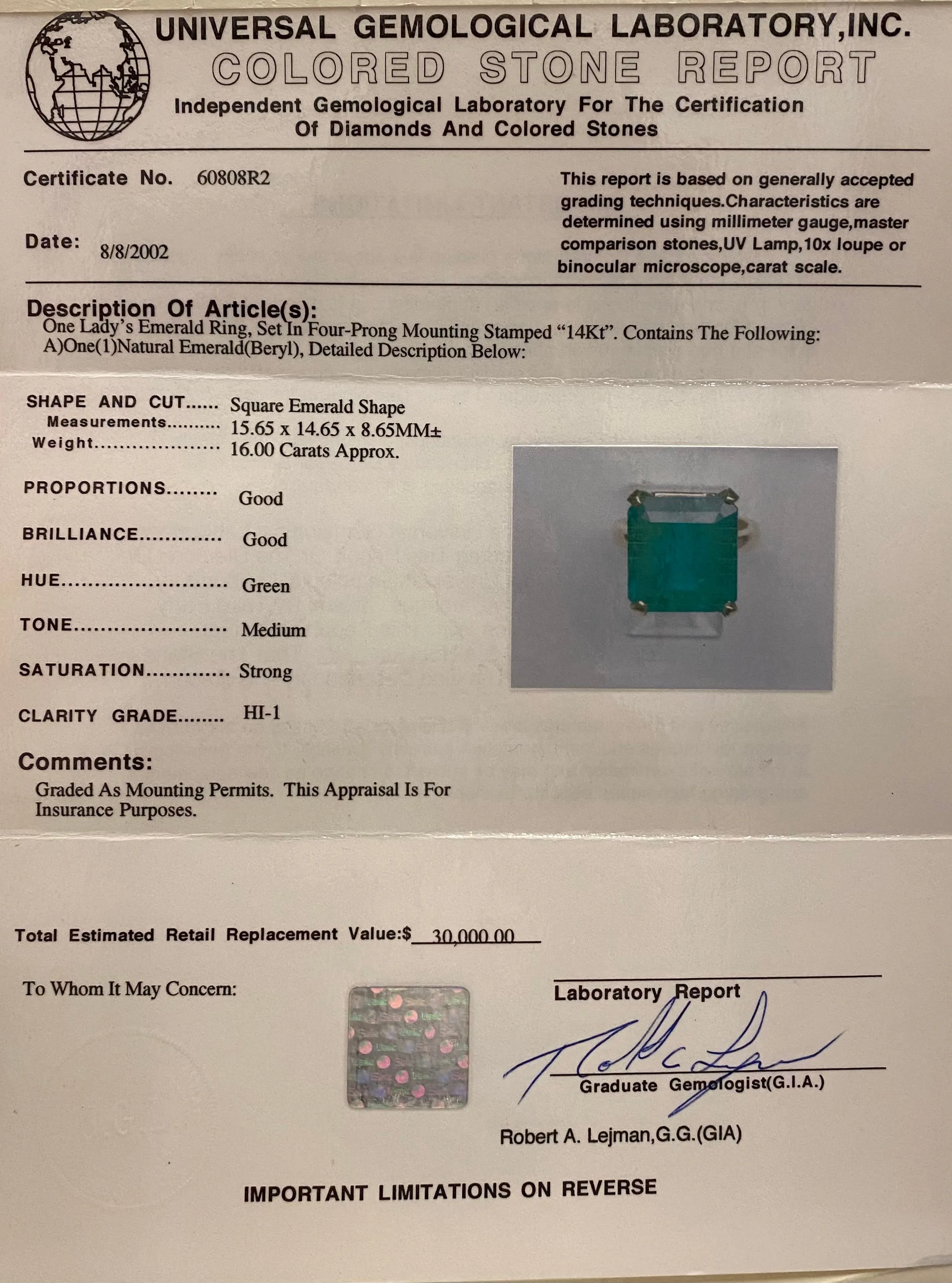 Antique 20 cts Emerald in Solid Yellow Gold Ring $80K Appraisal Value w/CoA}