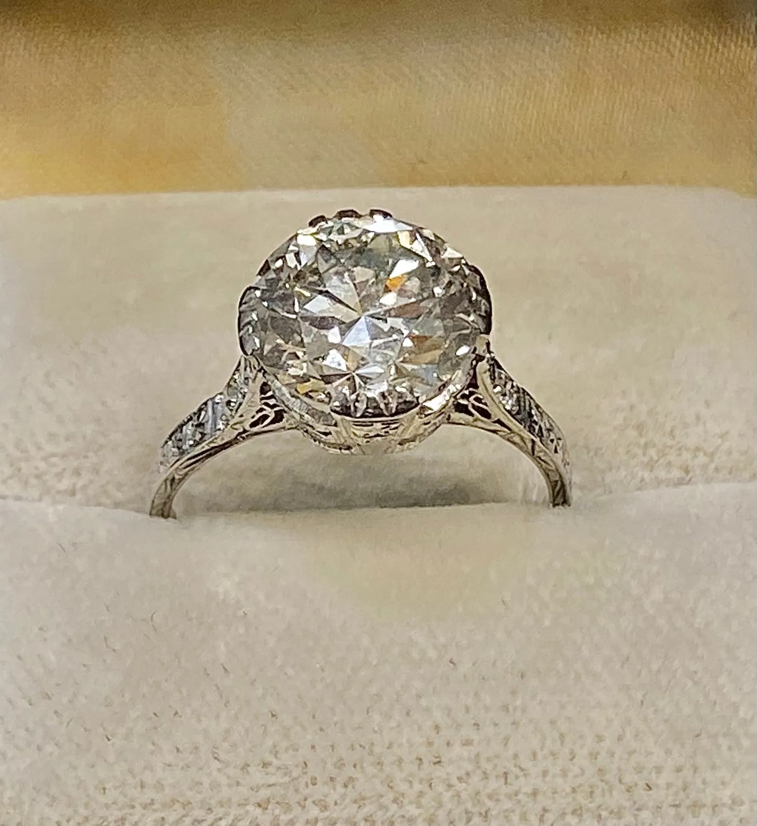 Antique Platinum 4 Ct. Old Mine Diamond Filigree Engagement Ring - $105K Appraisal Value w/CoA}