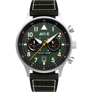 AVI-8 Men's Green Dial Leather Band Dual Time Merville Japanese Quartz Watch - AV-4088-02