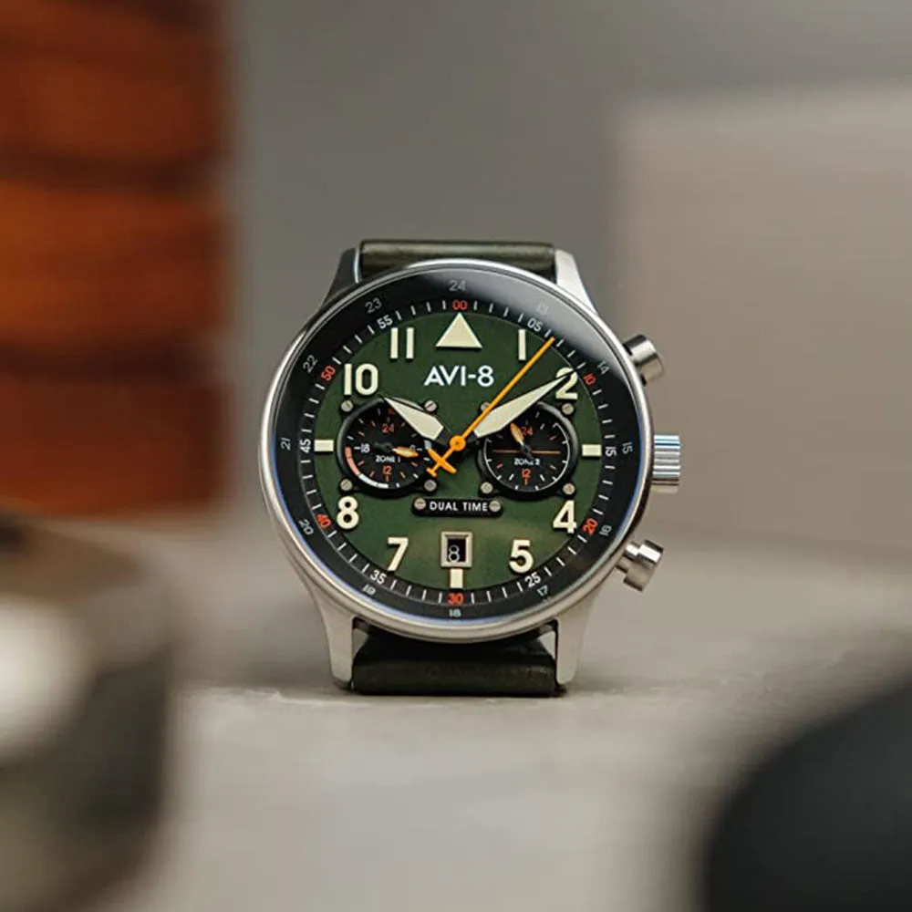 AVI-8 Men's Green Dial Leather Band Dual Time Merville Japanese Quartz Watch - AV-4088-02