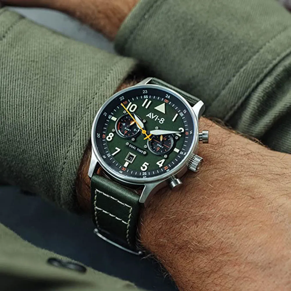 AVI-8 Men's Green Dial Leather Band Dual Time Merville Japanese Quartz Watch - AV-4088-02