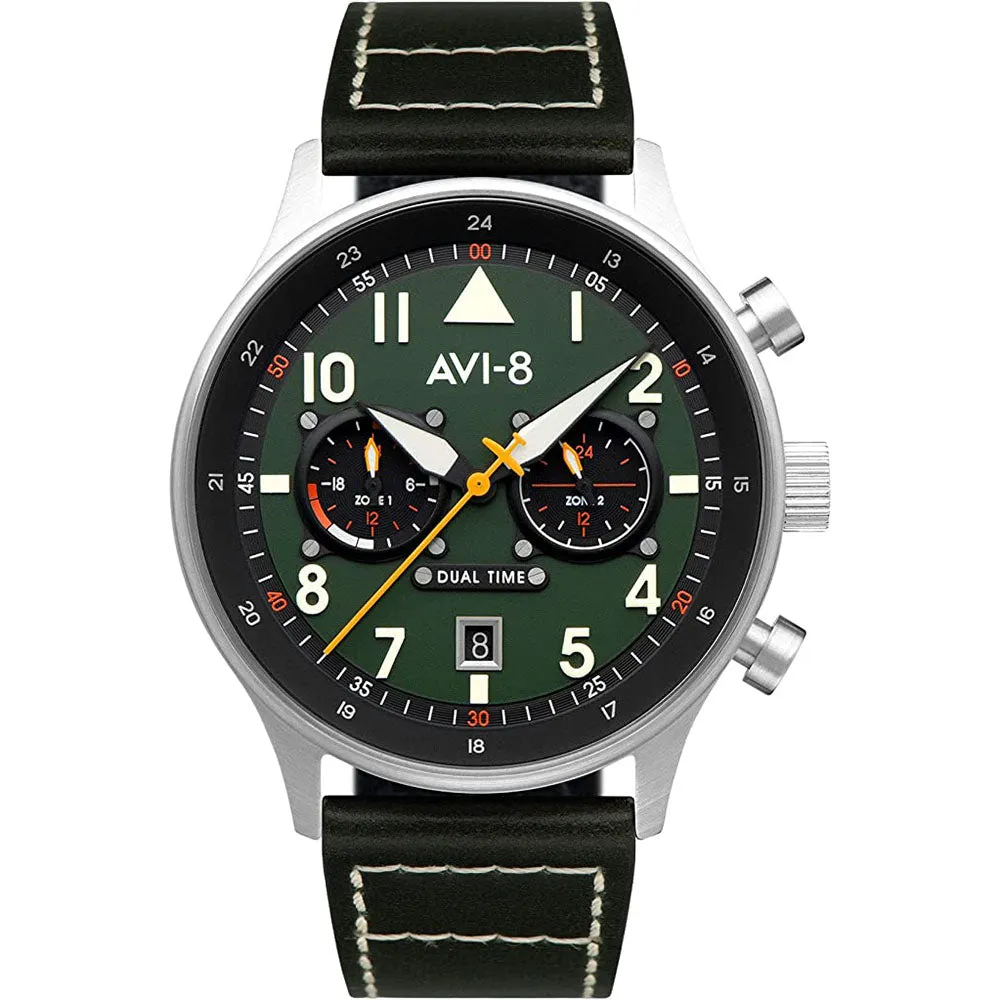 AVI-8 Men's Green Dial Leather Band Dual Time Merville Japanese Quartz Watch - AV-4088-02