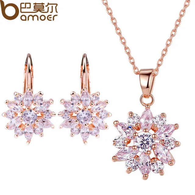 BAMOER Luxury Gold Color Flower Jewelry Sets For Women Wedding with Colorful AAA Cubic Zircon
