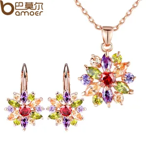 BAMOER Luxury Gold Color Flower Jewelry Sets For Women Wedding with Colorful AAA Cubic Zircon
