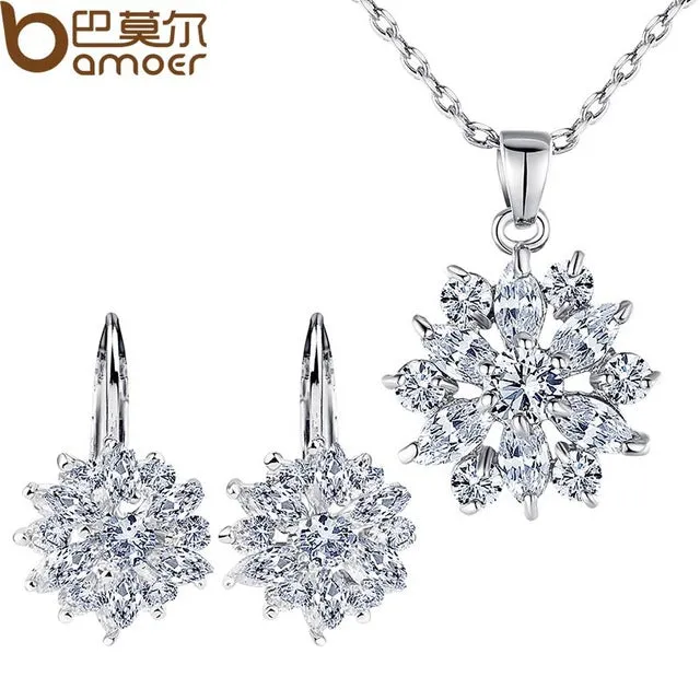 BAMOER Luxury Gold Color Flower Jewelry Sets For Women Wedding with Colorful AAA Cubic Zircon