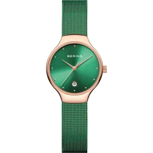 Bering Ladies Rose Gold Plated Green Mesh Quartz Watch