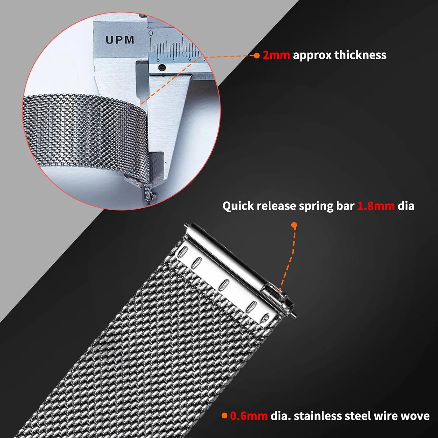 BERNY Stainless Steel Mesh Watch Band for Mens Women Quick Release Adjustable Watch Straps Thin Metal Bracelet with Safty Clasp 18mm 20mm 22mm, Silver/Black/Rose Gold