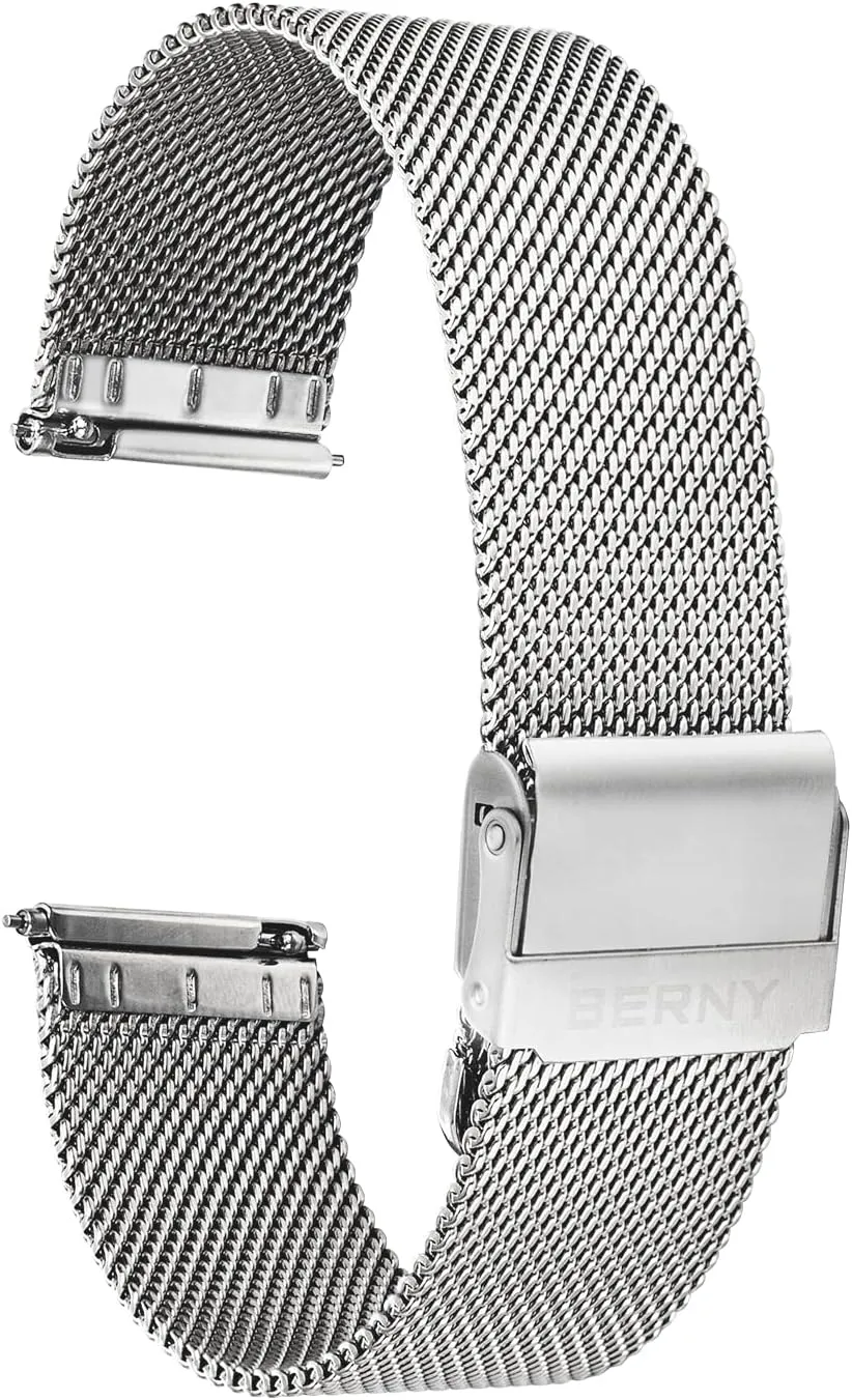 BERNY Stainless Steel Mesh Watch Band for Mens Women Quick Release Adjustable Watch Straps Thin Metal Bracelet with Safty Clasp 18mm 20mm 22mm, Silver/Black/Rose Gold