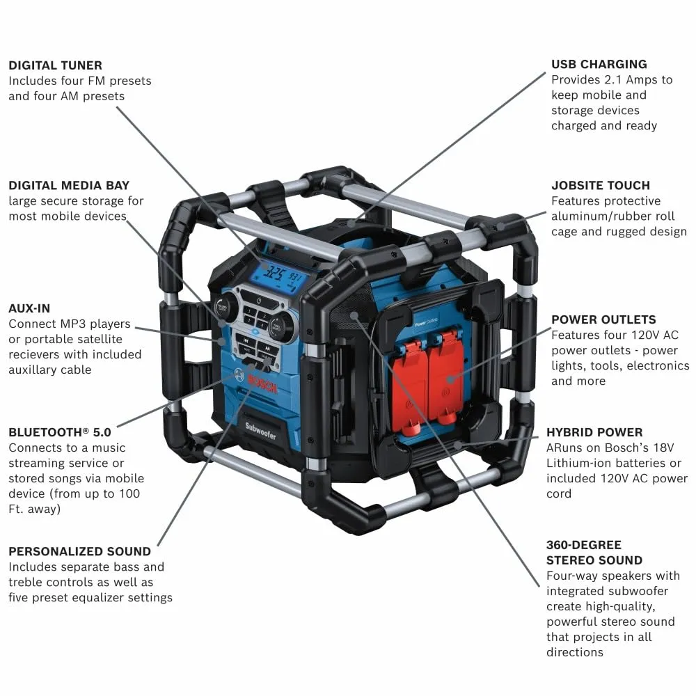 BOSCH GPB18V-5CN 18V Jobsite Radio with Bluetooth 5.0 and Power Station