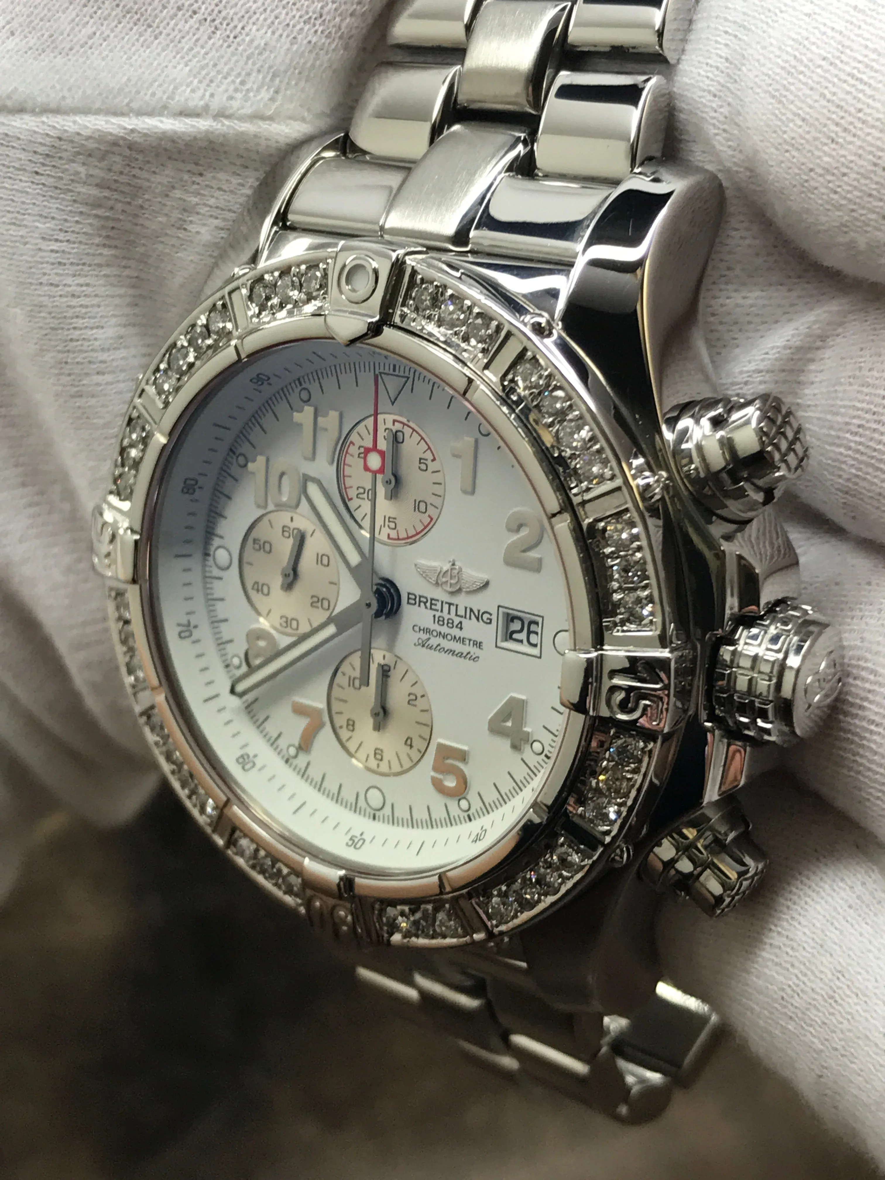 Breitling Super Avenger Custom Diamond Bezel A13370 White Dial Automatic Men's Watch