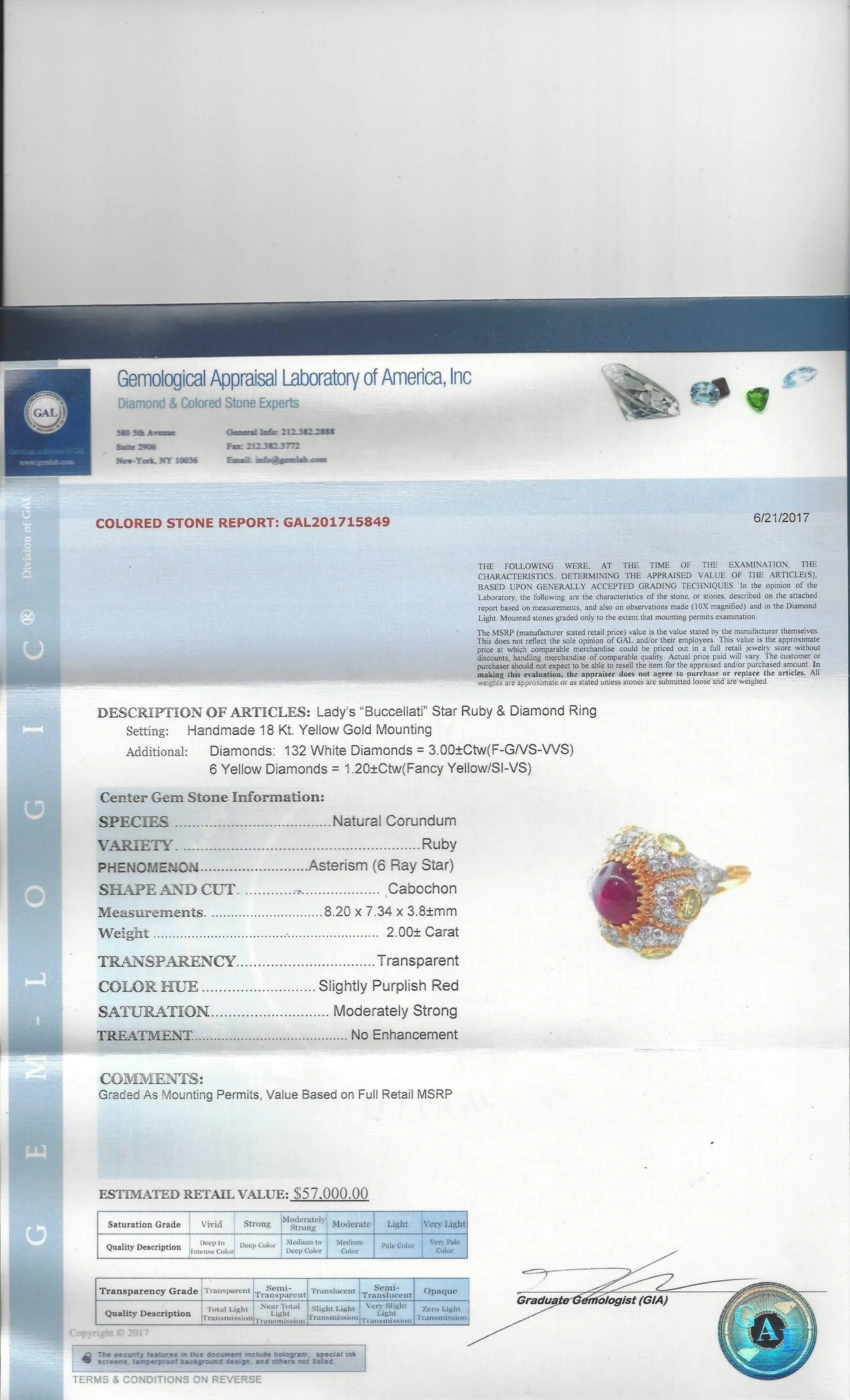 BUCCELLATI Beautiful Lady's Star Ruby Ring w/ Fancy Yellow Diamonds on 18K YG Ring! - $57K VALUE!