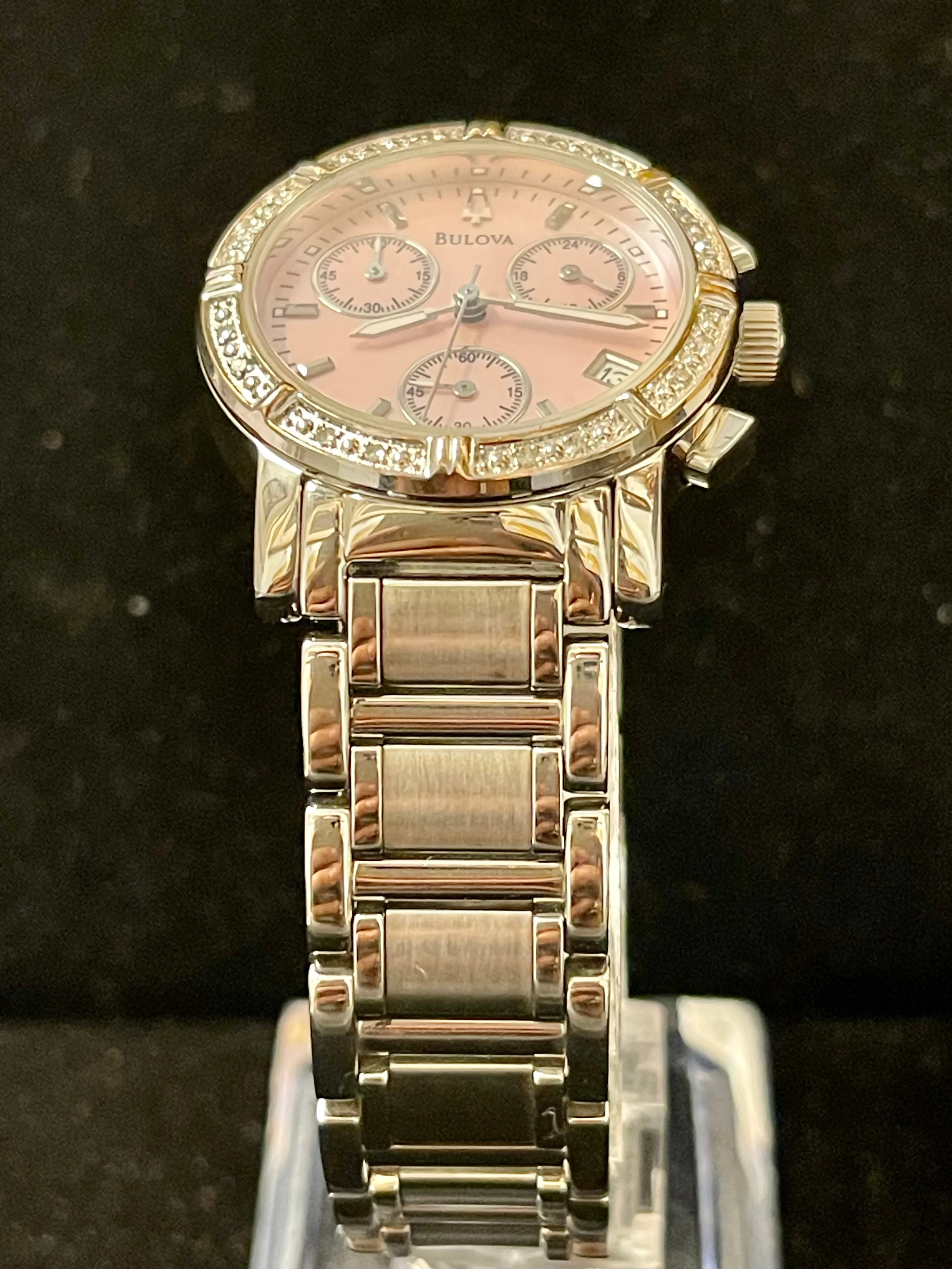 Bulova Beautiful Chrono Pink MOP SS & Diamonds Ladies Wrist Watch- $2K APR w/COA