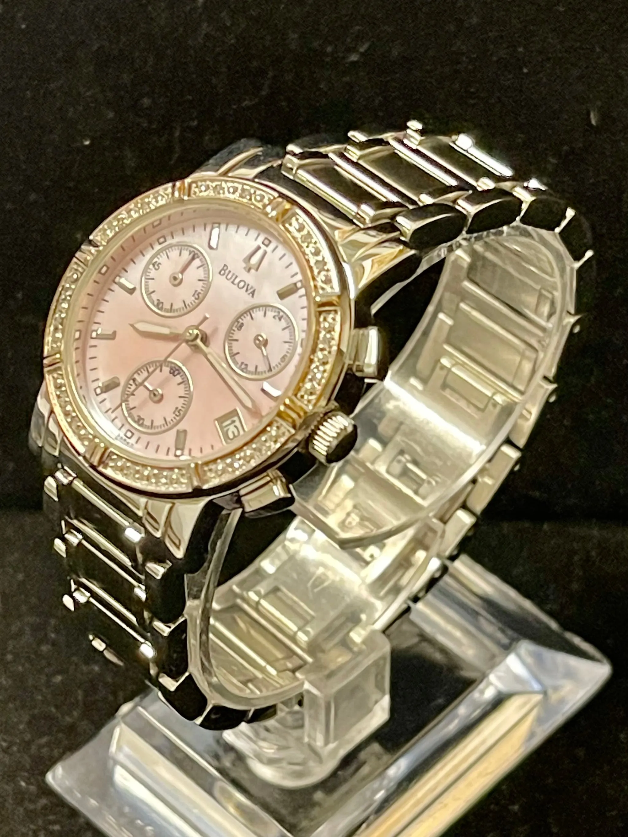 Bulova Beautiful Chrono Pink MOP SS & Diamonds Ladies Wrist Watch- $2K APR w/COA